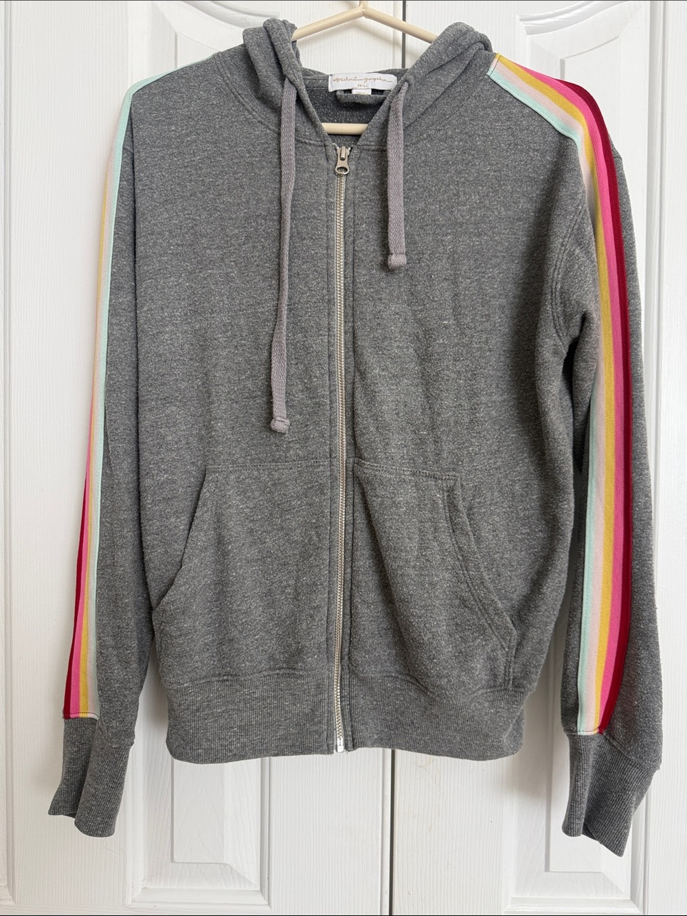 Spiritual gangster Gray Zip-Up Hoodie with Rainbow Sleeve Stripes
